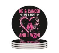 Io e il cancro abbiamo combattuto e ho vinto. Consapevolezza sul cancro al seno. Confezione da 4 sottobicchieri rotondi in ceramica, assorbenti, per bevande, per tavolo, proteggono. Diametro 4,1 polli