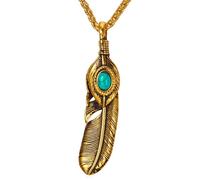 IOETSEUT Collane da Uomo Gioielli Colore Oro Stile Vintage Piuma con Blu Turchese Pendente 3mm Link Catena Collana per Uomo Donna Jewlery Regalo