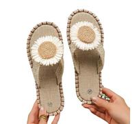 IOEUIWP Little Daisy Women's Linen Flip Flop Open Toe Lightweight Flat Casual Sandals Outdoor Beach Shoes Per interni ed esterni(Khaki,37)