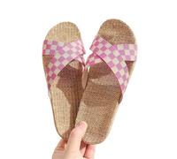 IOEUIWP Women's Breathable Linen Slippers Soft Sole Indoor For All Seasons Simple Versatile Home Wear Sandals Per interni ed esterni(Grid pink,37-38)