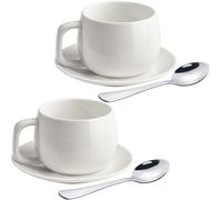 ionEgg Tazza da caffè in porcellana con piattini e cucchiai, 270 ml, per latte, cappuccino e tè, bianco, set da 2