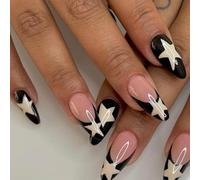 IOSPKKIO® 24 pezzi Y2K unghie finte lunghe unghie finte in acrilico pentagramma francese per donne e ragazze, acrilico naturale premendo sulle unghie