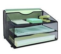 IOUGDSEC Organizer da scrivania a 3 livelli con 2 raccoglitori verticali extra, vassoio per lettere, vassoi per documenti A4, porta riviste e documenti per casa e ufficio, nero