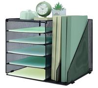 IOUGDSEC Organizer da scrivania a 5 ripiani con 2 raccoglitori verticali extra, vassoio per lettere, vassoi per documenti A4, porta riviste e documenti per casa e ufficio, nero