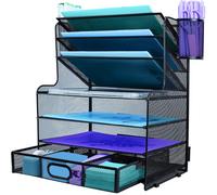 IOUGDSEC - Organizer da scrivania a 7 ripiani, vassoio per carta, organizer da scrivania, vassoio per lettere, organizer per carta con portapenne e cestino da appendere in metallo, nero