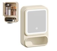 Iouyjiu Cabinet, Storage Organizer Mirror, LED Lights Feature, Magnetic Door Dispenser, Modern Bathroom Decor for Shampoo Makeup, 42 x 28 x 11,5 cm Light White Yellow
