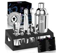 IOV Mixology - Kit da barista con supporto, set da 12 shaker per cocktail, shaker per martini da 680,4 g, per miscelare bevande, set da bar include tutti gli strumenti da bar e il libretto di ricette,