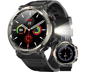 IOWODO Smartwatch Uomo Militare 1.45" con Chiamate Bluetooth, Batteria 960mAh, Torcia LED, Bussola, IP68 Impermeabile, Monitoraggio Cuore/Ossigeno nel Sangue/Sonno, 100+ Modalità Sportive, 2 Cinturini