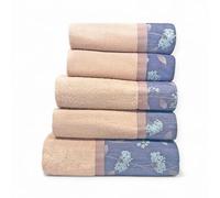 IPERSAN Set Asciugamani Verbena 5 Pezzi in Puro Cotone 450 g/m² - 2 Asciugamani Viso 60x110 cm, 2 Ospite 40x60 cm e 1 Telo Bagno 100x150 cm con Bordo Tortora Floreale, Morbidi e Assorbenti