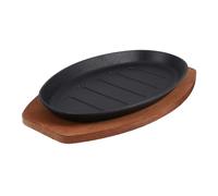 Ipetboom Piatto Sfrigolante in Ghisa Piastra per Barbecue e Cottura Versatile Design Strisce con Supporto Isolato in Legno per Bistecche e Fajitas