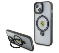Ferrari - Custodia per telefono compatibile con Magsafe e iPhone 15", contorno nero trasparente con supporto ad anello in metallo, PC/TPU antigraffio, custodia rigida resistente con porte accessibili,