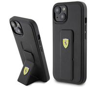 iPhone 15 Custodia rigida Ferrari con supporto e logo in metallo, colore nero