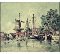 IPLUPJDY Artistico Poster Mural Dipinto Vintage Quadri in Olanda le barche vicino al mulino di Johan Barthold Jongkind per la Decorazione Della Parete 60x90cm