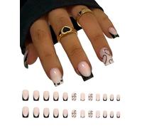 IPNSDON 1pc French Nail Stickers unghie finte corte quadrate nero acrilico adesivi unghie, bianco modello cuore unghie colla artificiale pieno avvolgere colla ad alta lucentezza