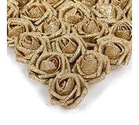 IPOPU, 25 rose dorate glitterate artificiali, in schiuma, con stelo, per bouquet da sposa, fai da te, decorazione della casa, per feste (oro)