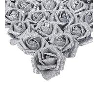 IPOPU AONELAS - 25 rose artificiali in schiuma glitterata, con stelo, per fai da te, bouquet da sposa, casa, feste, decorazioni natalizie (argento)