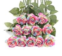 IPOPU Fiori artificiali arcobaleno, 12 rose arcobaleno, rose finte arcobaleno realistiche al tatto, fiori di seta per fai da te, decorazione per casa, matrimoni, feste, giardino, bouquet da sposa