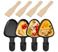 IPOW Set di 4 padelle triangolari per raclette con manici neri + spatola in legno - antiaderente professionale, 18,34 cm, design innovativo