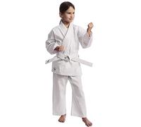 IPPONGEAR Club 2 Karate Gi Set per principianti, tuta da karate per bambini, con cintura bianca (misura 130, con lacci, 220 g/m², densità tessuto 8 oz), colore bianco