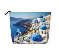 IPPONGET Greek Island Sea View Print Vanity Bag Borsa per il trucco a strato singolo con sacchetti con cerniera per le donne carino e portatile