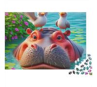 Ippopotamo Puzzle 1000 Pezzi per Adulti, Ippopotamo con Gabbiani sulla Testa in uno Stagno, Premium, Spesso, Robusto, Vivace, Sfidante, Difficile, Antistress, Regalo Familiare 52x38cm/1000pz