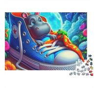 Ippopotamo Puzzle per Uomini e Donne 1000 Pezzi, Cucciolo di Ippopotamo con Scarpa da Ginnastica Blu sotto la Luna, Premium, Spesso, Robusto, Vivace, Sfidante, Antistress 52x38cm/1000pz