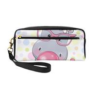 Ippopotamo simpatico cartone animato con puntini colorati di gomma da masticare, Borsa per il trucco Borsa per cosmetici Borsa da viaggio portatile da toilette Astuccio in pelle per donne e ragazze