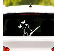 Iprokiu Decalcomania per auto a forma di gatto e farfalla, divertente gatto che sventola, bianco riflettente