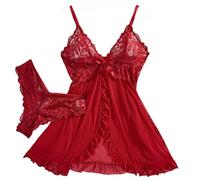 IPUDIS Babydoll Natalizio Set di Lingerie Sexy con Perizoma Indumenti da Notte in Pizzo Malizioso Sottoveste Trasparente Aperta sul Davanti Minigonna Camicie da Notte, Rosso S