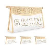 Iqimott Borsa della lettera di trucco della borsa della roba della toppa di Boho chiara, chiusura lampo impermeabile compone il sacchetto di toilette della borsa, Pelle-Beige
