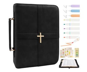 Iqimott Custodia in pelle di alta qualità con design a croce e manico, per uomini e donne, resistente, per studi biblici, borsa da trasporto, perfetta come regalo di Natale per i cristiani, con