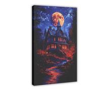IQTFHGB Poster su tela, motivo: "An Old Haunted House in a Dark Forest Under A Full Moon", decorazione per camera da letto, ufficio, stanza, regalo, 60 x 90 cm