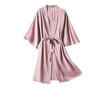 IQYU Accappatoio da donna in raso, rosso, kimono, vestaglia corta, in seta, maniche a 3/4, camicia da notte, con scollo a V, con cintura, pigiama, leggero, da sauna, taglie grandi, da notte, Colore: