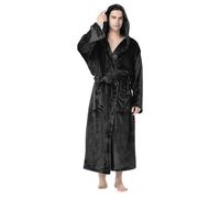 IQYU Accappatoio da uomo in pile con cappuccio, lungo, invernale, caldo, con cintura, camicia da notte, morbido e morbido, Nero , 3XL