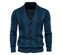 IQYU Cardigan da uomo, a maglia autunnale, da uomo, con collo sciallato, senza tasche, da uomo a maniche lunghe, da uomo, con scollo a V, da uomo, Blu marino, M