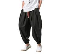 IQYU Pantaloni Harem da uomo semplice, stile retrò cinese, con gambe larghe, per yoga, pilates, arti marziali, kung Fu Tai Chi Thailandia, per il tempo libero, Nero , XXL