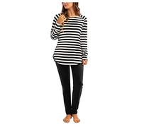 IQYU Pigiama da donna in cotone, lungo, da casa, da donna, in cotone, estivo, a righe, da notte, da donna, a maniche lunghe, da notte, Nero , XL