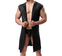 IQYU Vestaglia per uomo, accappatoio da uomo, leggero, vestaglia da uomo, con guerriglia, kimono corto, senza maniche, da viaggio, per il tempo libero, taglie S-XL, Nero , L