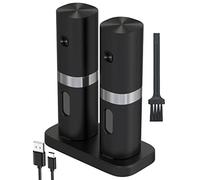 IraXpro Set Macina Sale e Pepe Elettrico Ricaricabile,con Basetta di Ricarica,Spazzola per la Pulizia,Luce a Led,Anima Macinante in Ceramica,5 Grossolanità Regolabili,2 Pezzi(Nero-Ricaricabile)