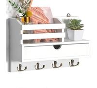Irayin Portachiavi da Parete con Cassetto Portaoggetti, Portachiavi in Legno con 4 Doppio Ganci, Mensola da Parete per Portachiavi, Appendi Chiavi a Muro per Casa, Ingresso, Ufficio - Bianco