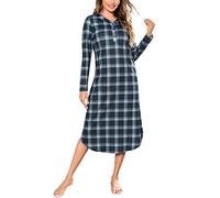 Irdcomps Camicia da Notte Donna Cotone Maniche Lunghe Camicia Notte Lunga a Quadri con Scollo a V e Bottoni Blu M
