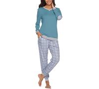 Irdcomps Pigiama Donna Cotone Invernale Pigiami Due Pezzi da Donna Inverno Lungo Set Pigiama da Notte Leggero Sleepwear e Négligé Blu Verde1 L