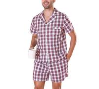 Irdcomps Pigiama Uomo Estivo Cotone Corto A Quadri Pigiami Due Pezzi da Uomo Pigiama da Notte Maniche Corte Manica Comodo Abbigliamento Casual da Casa Morbido e Confortevole Rosso+Bianco L