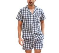 Irdcomps Pigiama Uomo Estivo Cotone Corto A Quadri Pigiami Due Pezzi da Uomo Pigiama da Notte Maniche Corte Manica Comodo Abbigliamento Casual da Casa Morbido e Confortevole Blu+Bianco XL