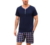 Irdcomps Pigiama Uomo Estivo Cotone Corto Pigiami Set 2 Pezzi Leggero Maniche Cort Scollo a V Pantaloni Corti Scozzesi con Tasche Abbigliamento Casual Blu Navy M