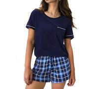 Irdcomps Pigiami Estivi Donna Pigiama Donna Corto Cotone Due Pezzi Set Pigiama Manica Corta Scozzesi Comodo per Casual Lovable Blu L