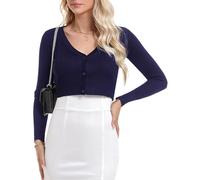 Irevial Cardigan Donna Maniche Lunghe Elegante Bolero a Bottoni Coprispalle Top Scollo a V Primavera Blu Navy L