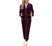 Irevial Pigiama Pile Set Donna in Velluto Tuta da Sportiva Due Pezzi Casual Giacca a Zipper Top e Pantalon Training con Tasca Autunno Inverno Vino Rosso M