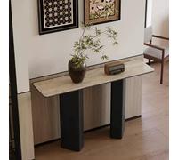 IRHIGBGX Consolle da Ingresso Moderna in Pietra Sinterizzata Effetto Travertino, Tavolo Divano Stretto e Lungo, Mobile Slim in Legno Massiccio, Design Wabi-sabi