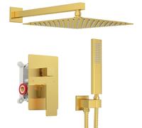 Iriber Sistema doccia a pioggia color bronzo champagne con soffione doccia da 30,5 cm e set da bagno a parete spazzolato con miscelatore e spazzola dorata (valvola inclusa)